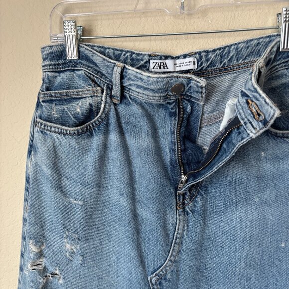 Zara Distressed Released Hem Front Slit Denim Blue Jean Midi Skirt - Picture 9 of 9